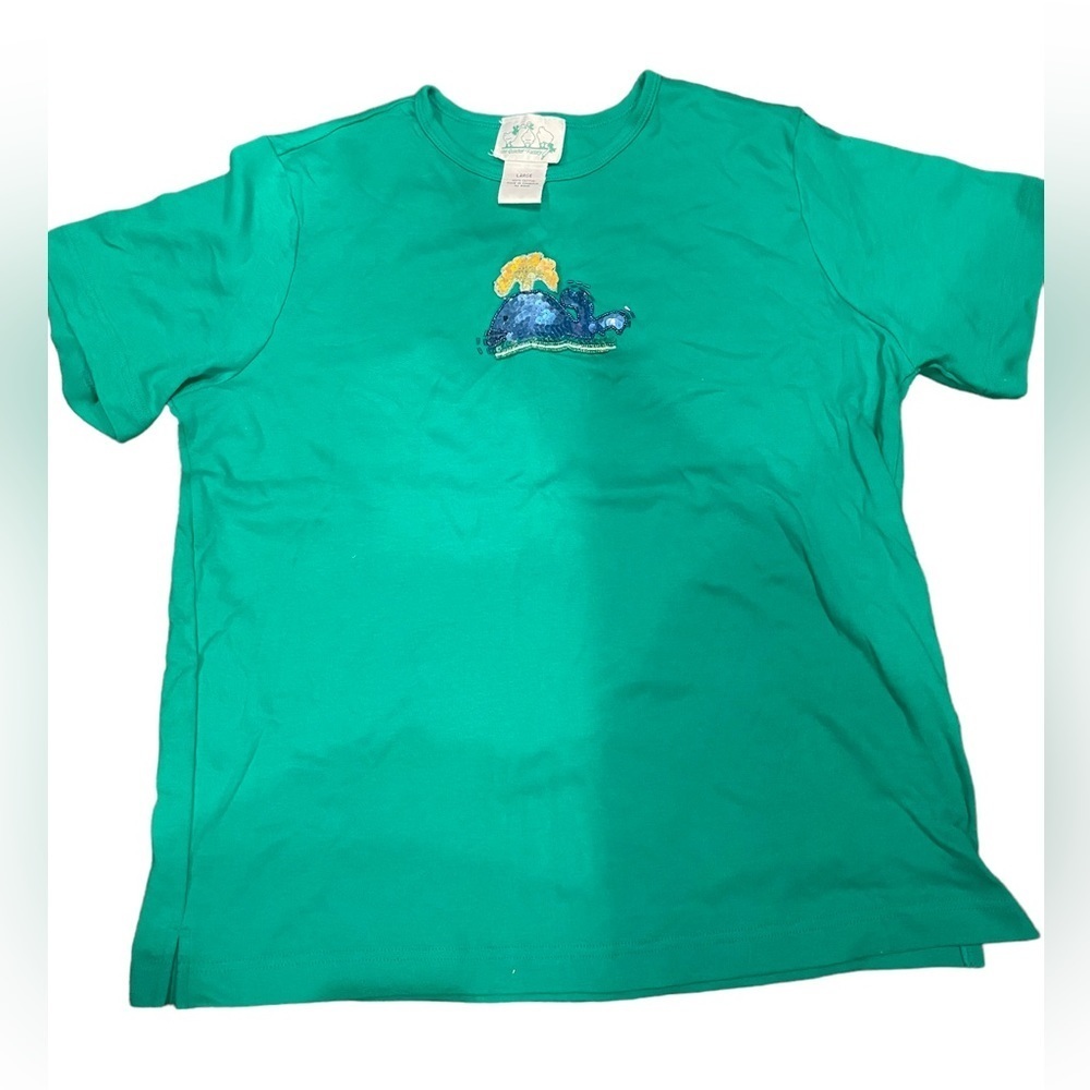 Quacker Factory Short Sleeve Green Sequin Whale T-Shirt Size Large NWOT